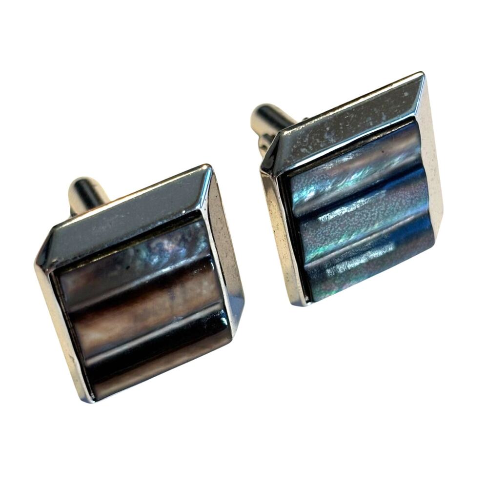 Vintage 1960's Swank Jewelry Cufflinks Silver & gray brown opalescent stones